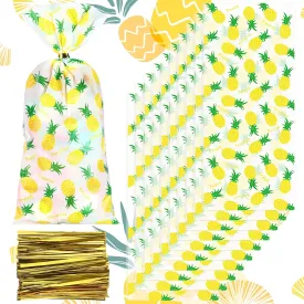 100 Pieces Pineapple Cellophane Bags Tropical Clear Cellophane Treat Bags Luau Party Favor with 200 Pieces Gold Twist Ties for Cookies Candies Summer Hawaiian Holiday Swimming Pool Party