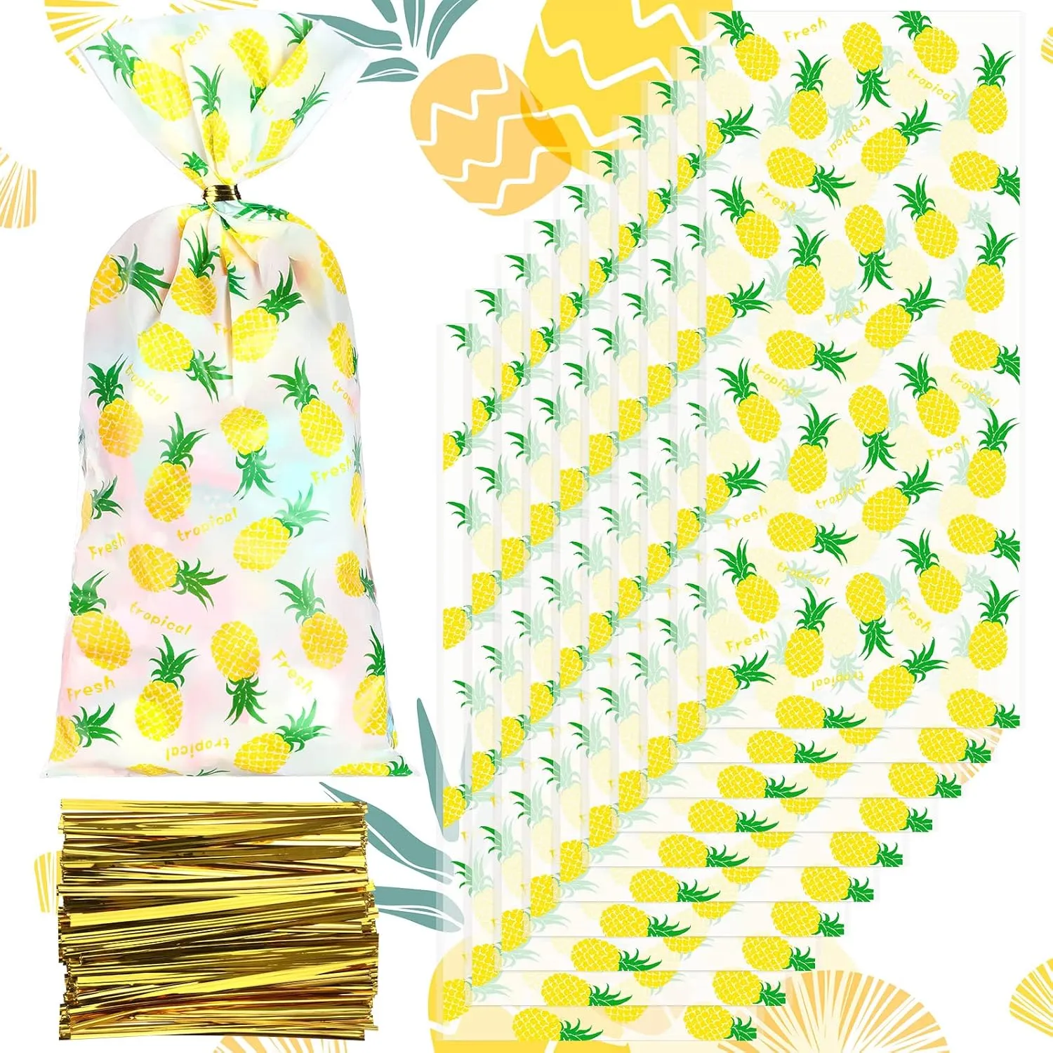 100 Pieces Pineapple Cellophane Bags Tropical Clear Cellophane Treat Bags Luau Party Favor with 200 Pieces Gold Twist Ties for Cookies Candies Summer Hawaiian Holiday Swimming Pool Party