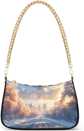 ALAZA Sky White Cloud Cityscape Chian Shoulder Bag Handbags Tote Mini Clutch Purse Hobo Bag with Zipper Closure for Women
