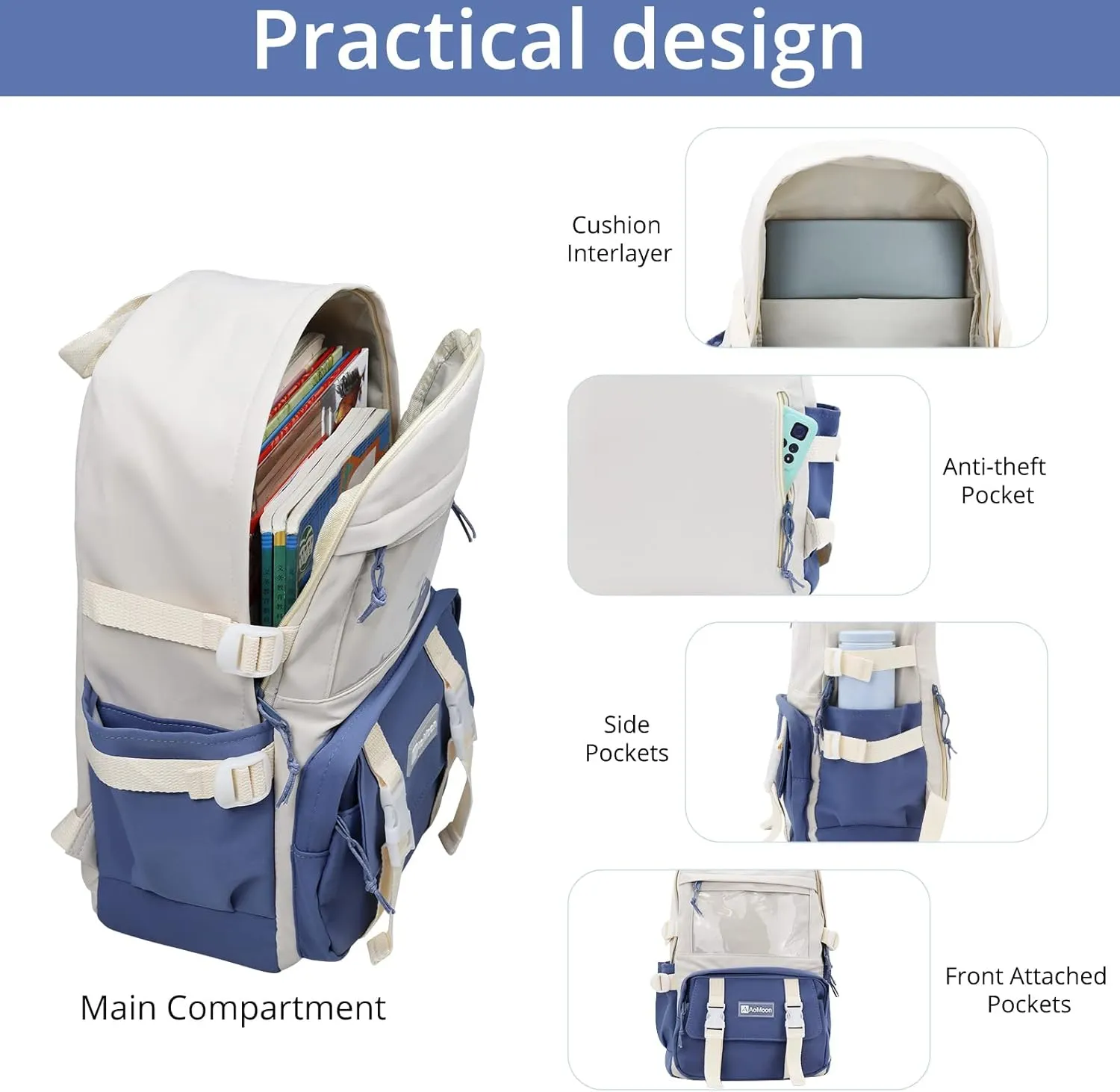 AoMoon Kawaii Backpack Lovely Pastel Rucksack for Teen Girls Aesthetic Student Bookbags with Kawaii Pin and Cute Accessories (Blue) One Size