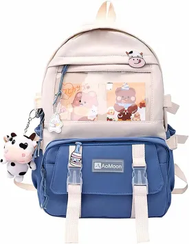 AoMoon Kawaii Backpack Lovely Pastel Rucksack for Teen Girls Aesthetic Student Bookbags with Kawaii Pin and Cute Accessories (Blue) One Size