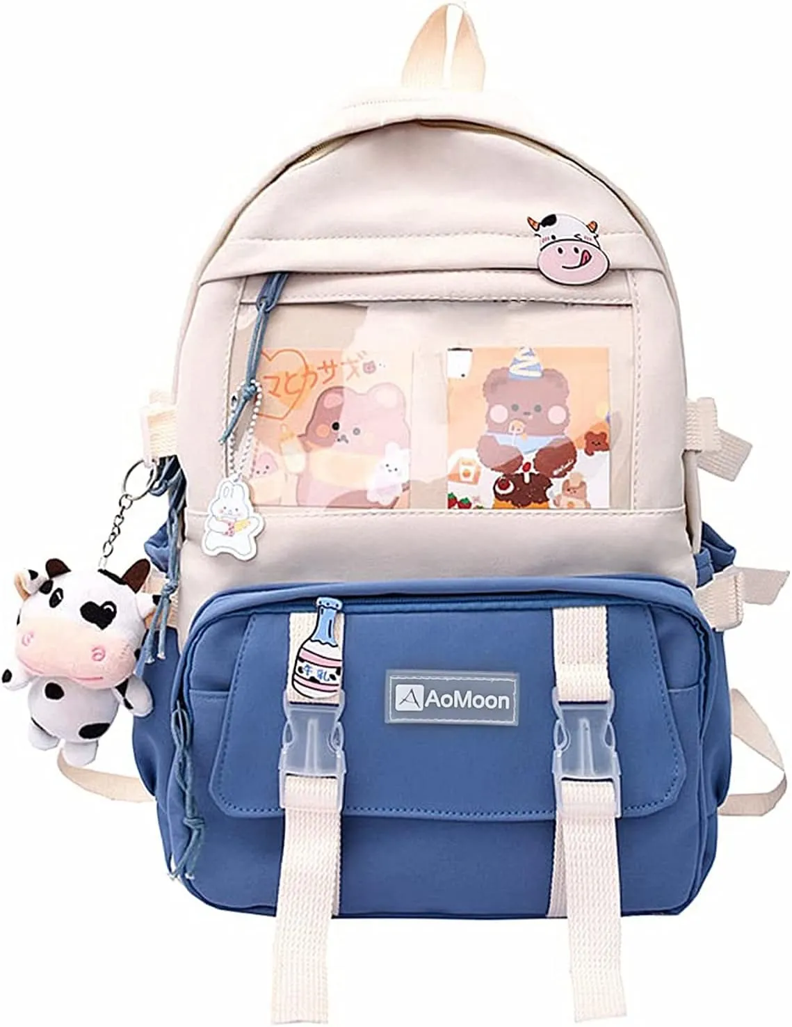 AoMoon Kawaii Backpack Lovely Pastel Rucksack for Teen Girls Aesthetic Student Bookbags with Kawaii Pin and Cute Accessories (Blue) One Size