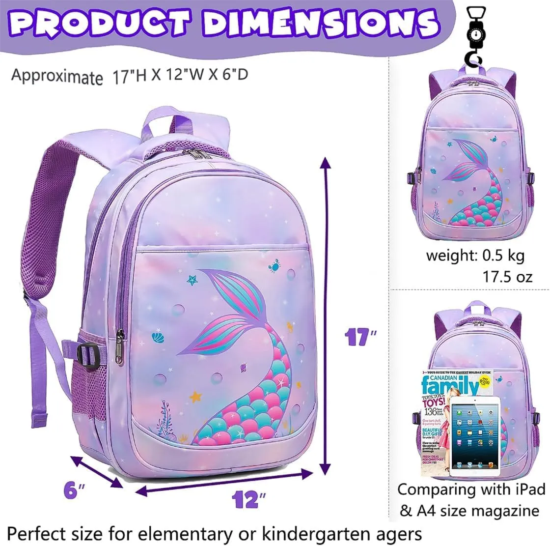 BLUEFAIRY Kids Backpack for Girls Elementary School Bags Kindergarten Primary School Bags Bookbags Back to School Book Bags Gifts Large Campartments Mochilas para Nios 17" Mermaid Purle