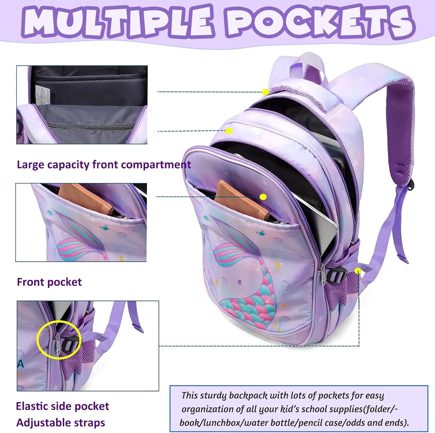 BLUEFAIRY Kids Backpack for Girls Elementary School Bags Kindergarten Primary School Bags Bookbags Back to School Book Bags Gifts Large Campartments Mochilas para Nios 17" Mermaid Purle