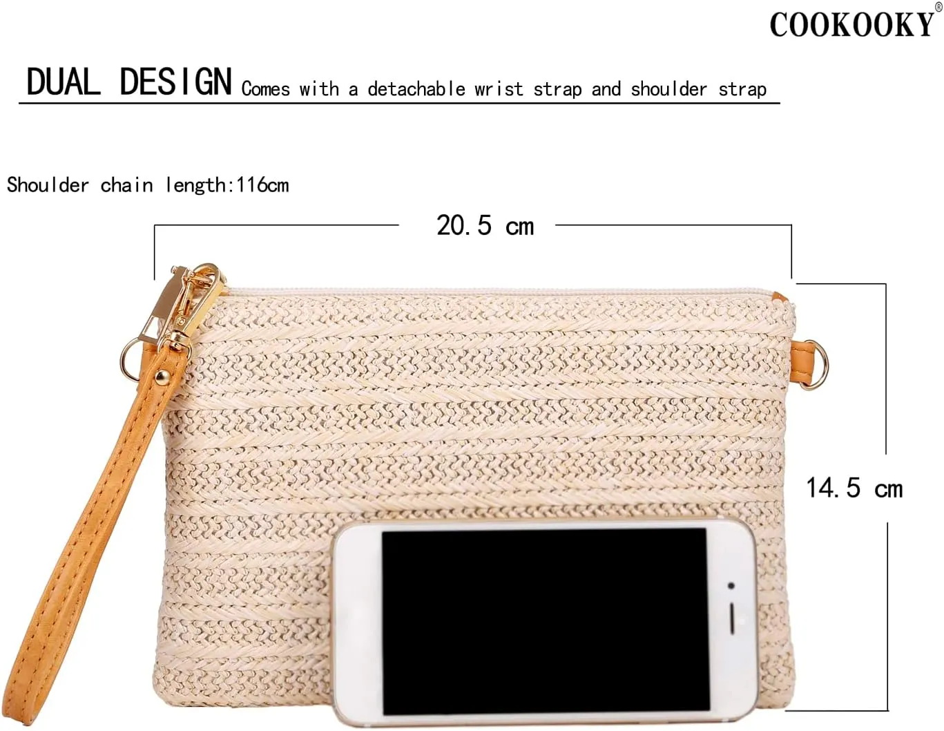 COOKOOKY Womens Straw Clutch Bag Bohemian Summer Beach Straw Purse Zipper Wristlet Wallets for Women