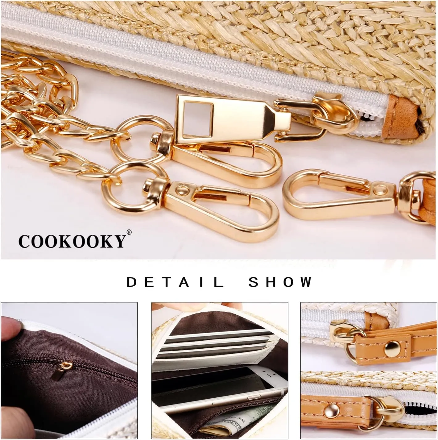 COOKOOKY Womens Straw Clutch Bag Bohemian Summer Beach Straw Purse Zipper Wristlet Wallets for Women