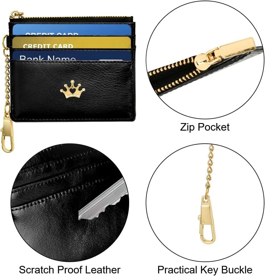 Credit Card Holder Wallet, Minimalist Leather Slim Change Wallet Zipper Coin Purse, Mini Credit Card Protector, Keychain Front Pocket Wallets for Women Men