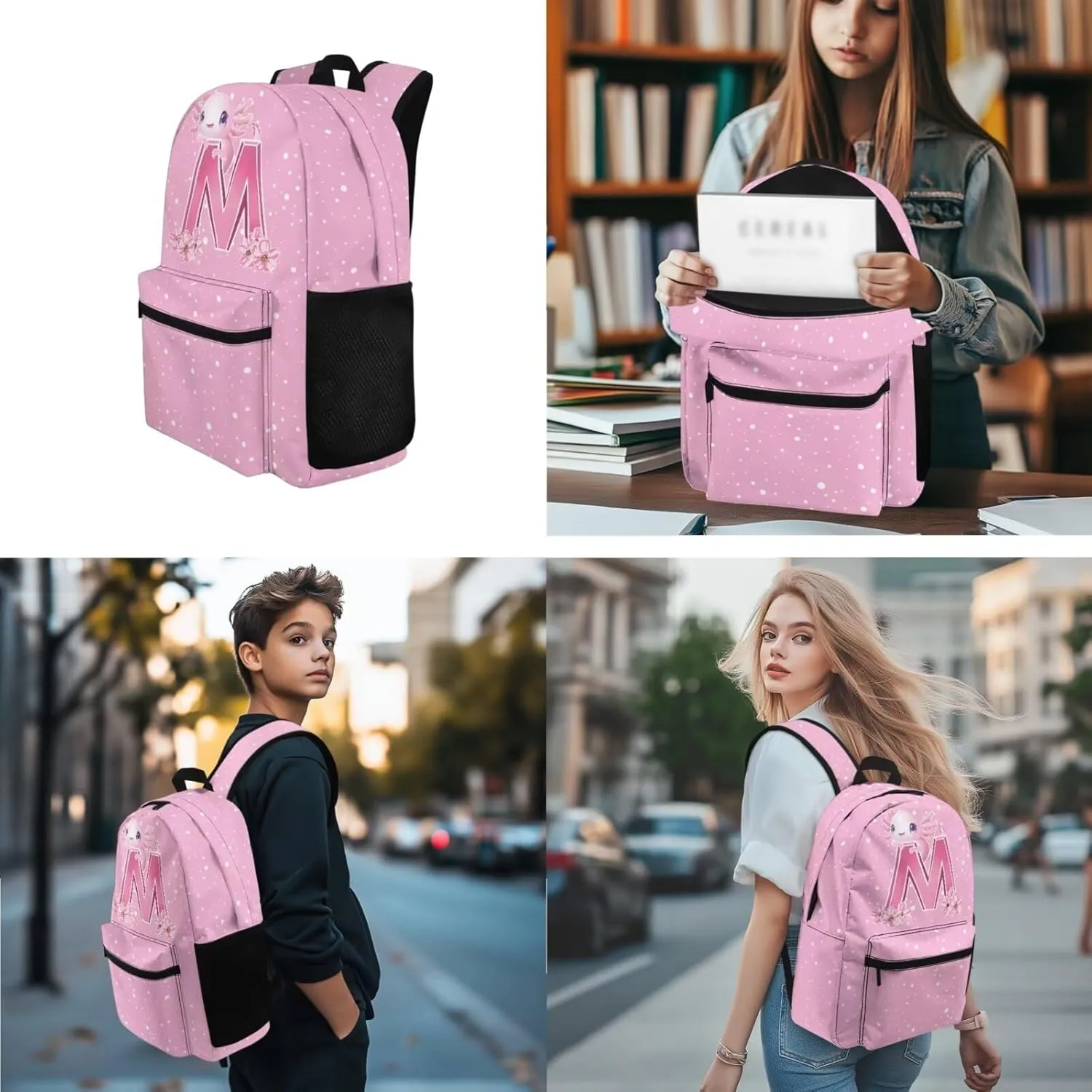 Cute Axis Dragon and Letter M Print Boys Girls Backpacks 3pcs/set School Backpack Casual Shoulder Bookbag Insulated Thermal Lunch Box Zipper Pencil Pouch
