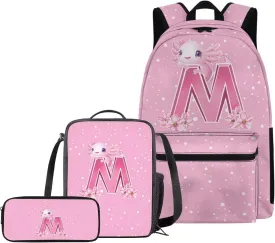 Cute Axis Dragon and Letter M Print Boys Girls Backpacks 3pcs/set School Backpack Casual Shoulder Bookbag Insulated Thermal Lunch Box Zipper Pencil Pouch