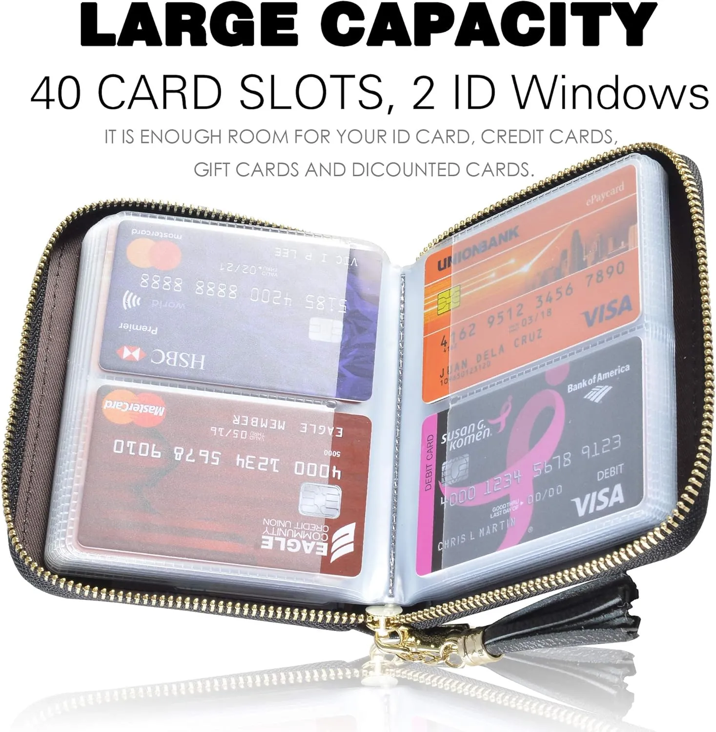Easyoulife Womens Credit Card Holder Wallet Zip Leather Card Case RFID Blocking (Black)