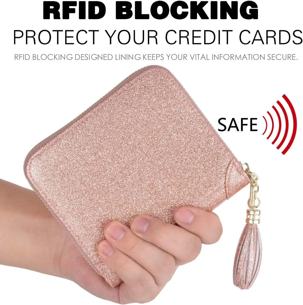 Easyoulife Womens Credit Card Holder Wallet Zip Leather Card Case RFID Blocking (Glitter Gold)