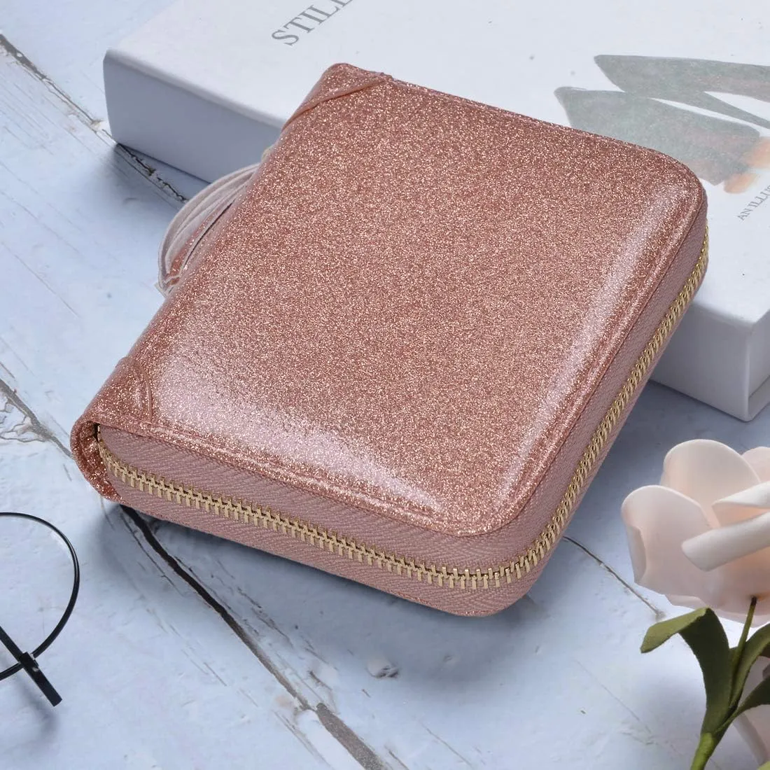 Easyoulife Womens Credit Card Holder Wallet Zip Leather Card Case RFID Blocking (Glitter Gold)