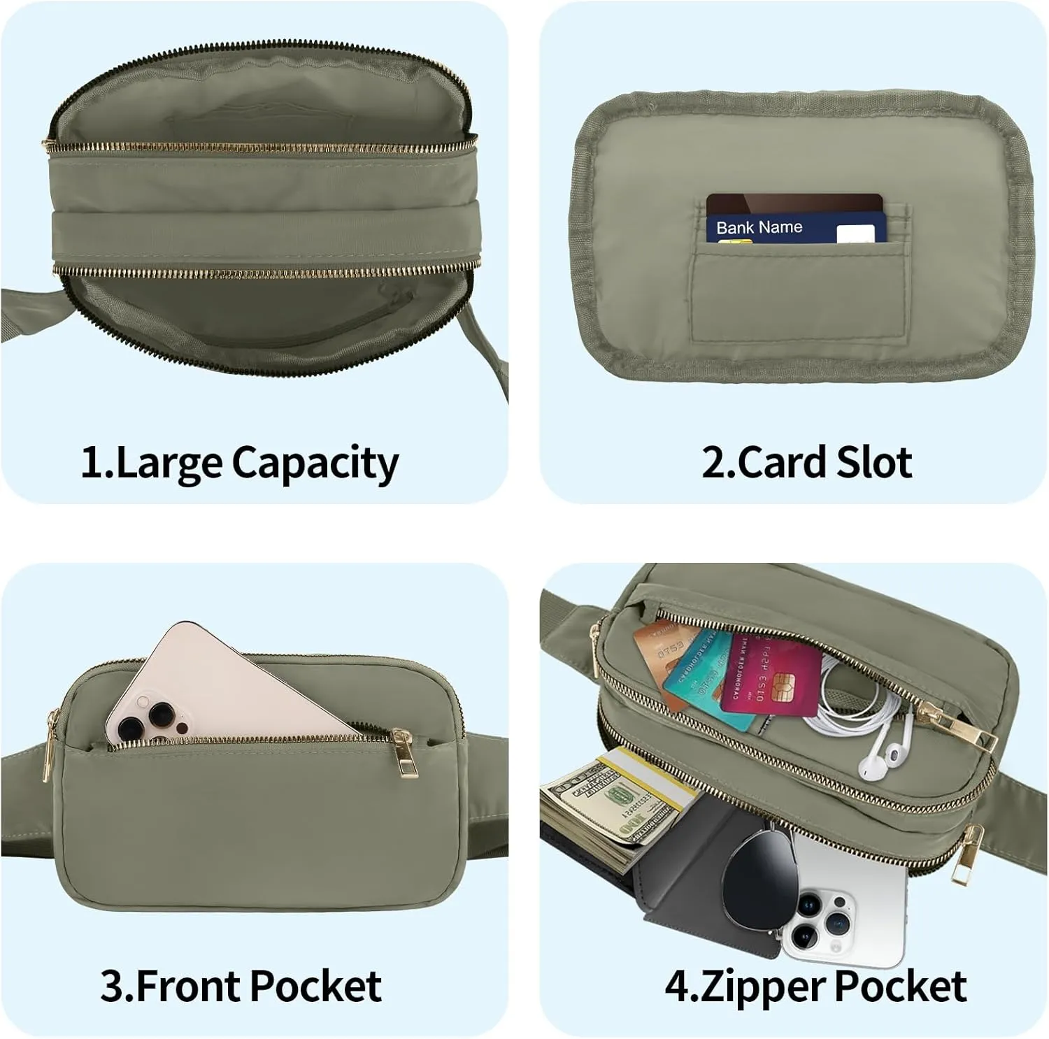 Fashion Fanny Bag-Waist Pack With Adjustable Belt Bag-Unisex Crossbody Pack Khaki Green