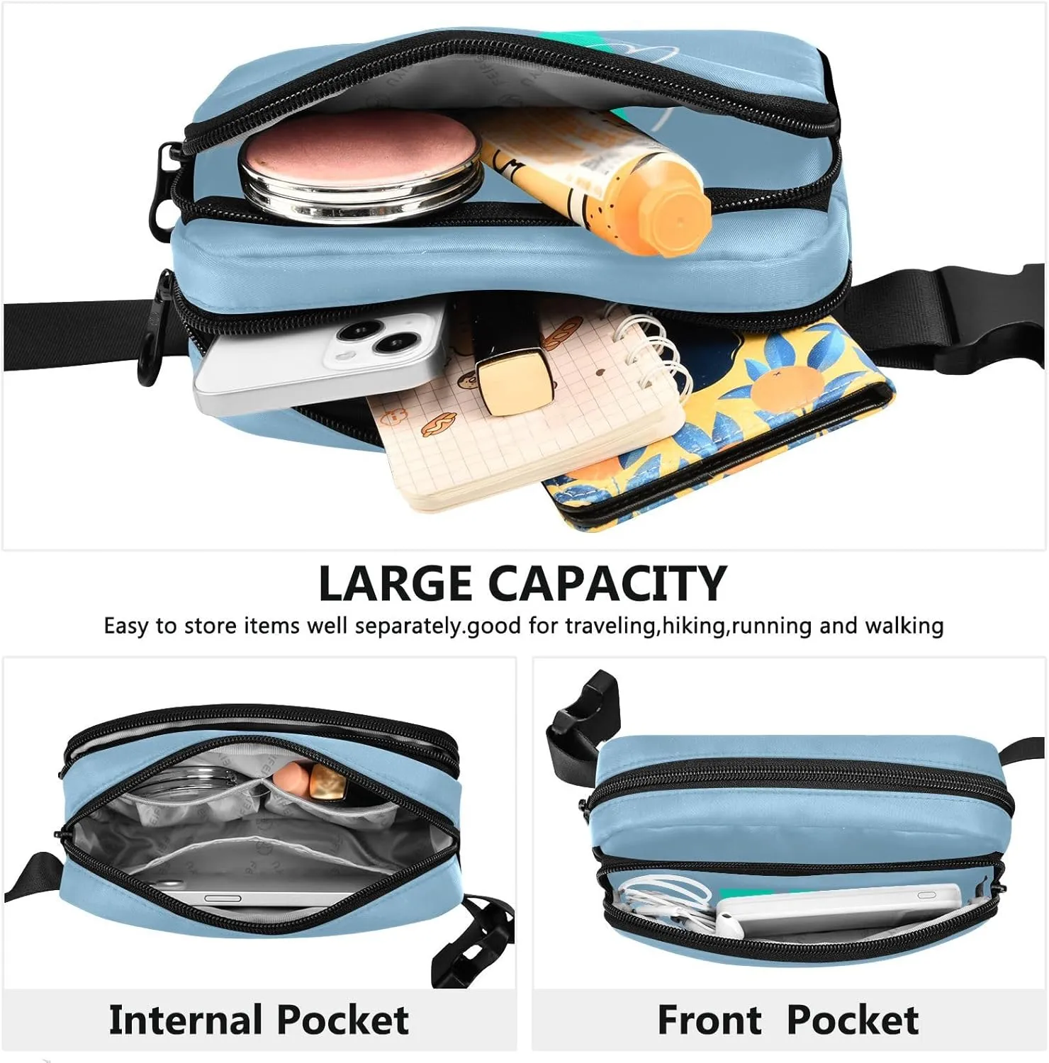 Generic Light Blue Custom Fanny Packs for Women Belt Bag Waterproof Fanny Pack Cross Body Bag Waist Packs with Adjustable Strap Small Crossbody Bags for Sports Running Men Traveling Hiking