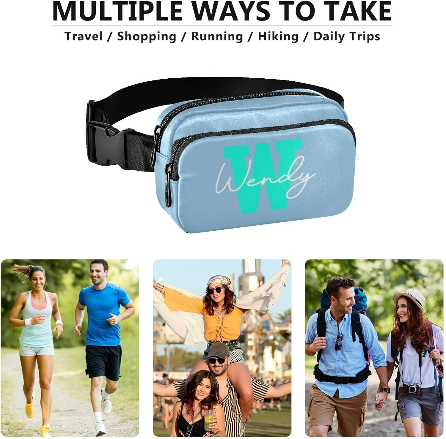 Generic Light Blue Custom Fanny Packs for Women Belt Bag Waterproof Fanny Pack Cross Body Bag Waist Packs with Adjustable Strap Small Crossbody Bags for Sports Running Men Traveling Hiking