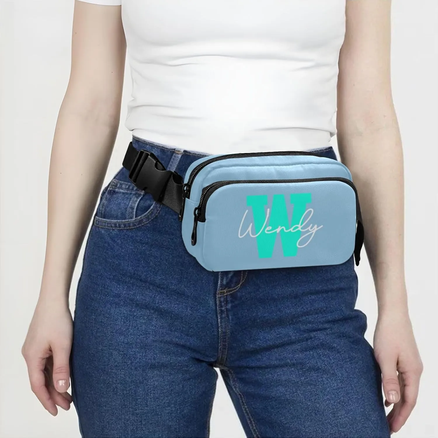 Generic Light Blue Custom Fanny Packs for Women Belt Bag Waterproof Fanny Pack Cross Body Bag Waist Packs with Adjustable Strap Small Crossbody Bags for Sports Running Men Traveling Hiking