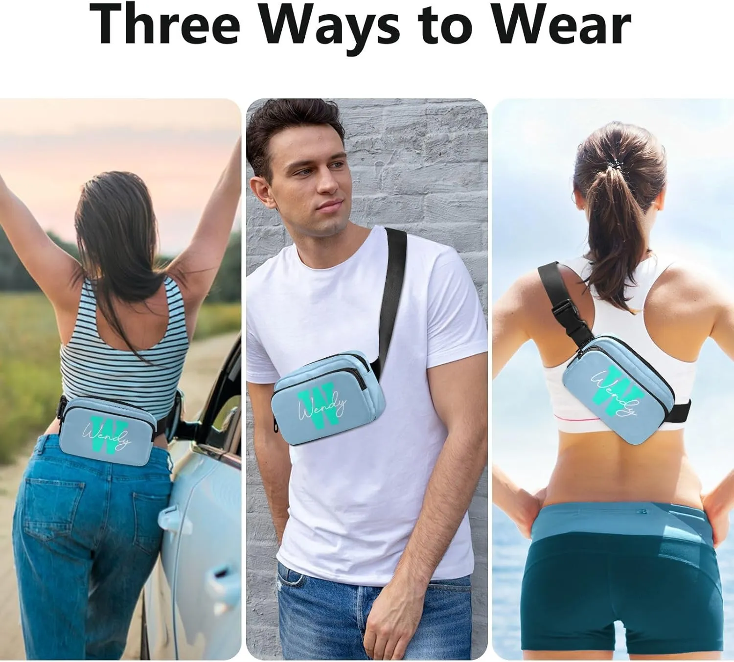 Generic Light Blue Custom Fanny Packs for Women Belt Bag Waterproof Fanny Pack Cross Body Bag Waist Packs with Adjustable Strap Small Crossbody Bags for Sports Running Men Traveling Hiking