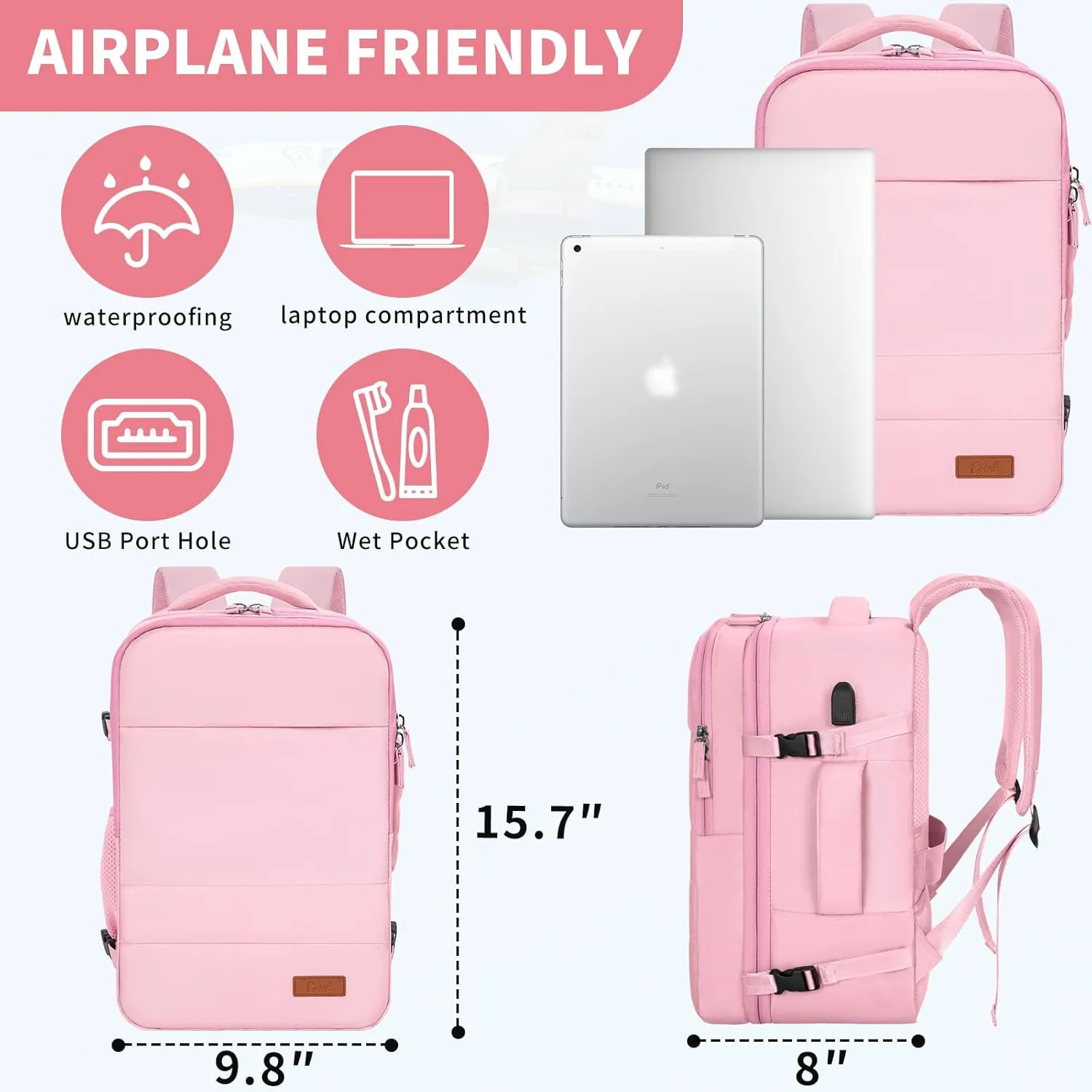 GMAK Travel Backpack for Men Women, Carry on Backpack with USB Charging Port, 15.6 inch Laptop Backpack Lightweight Cabin Bag Casual Daypack 20L Luggage Bags for College, Business, Travel, Pink