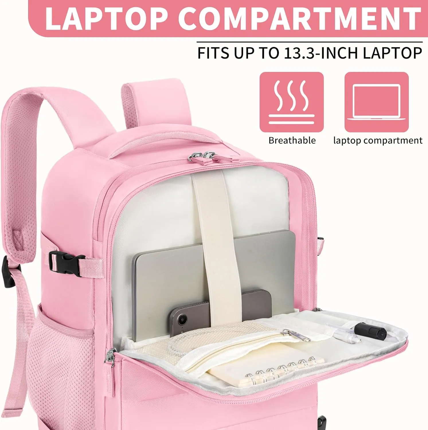 GMAK Travel Backpack for Men Women, Carry on Backpack with USB Charging Port, 15.6 inch Laptop Backpack Lightweight Cabin Bag Casual Daypack 20L Luggage Bags for College, Business, Travel, Pink