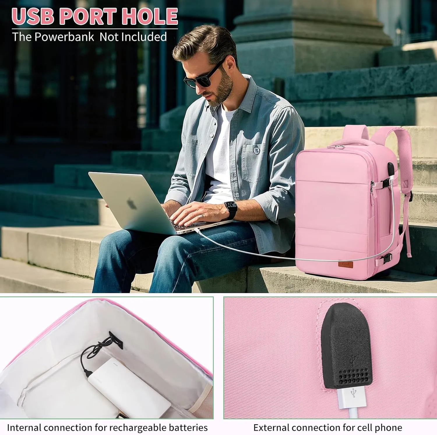 GMAK Travel Backpack for Men Women, Carry on Backpack with USB Charging Port, 15.6 inch Laptop Backpack Lightweight Cabin Bag Casual Daypack 20L Luggage Bags for College, Business, Travel, Pink