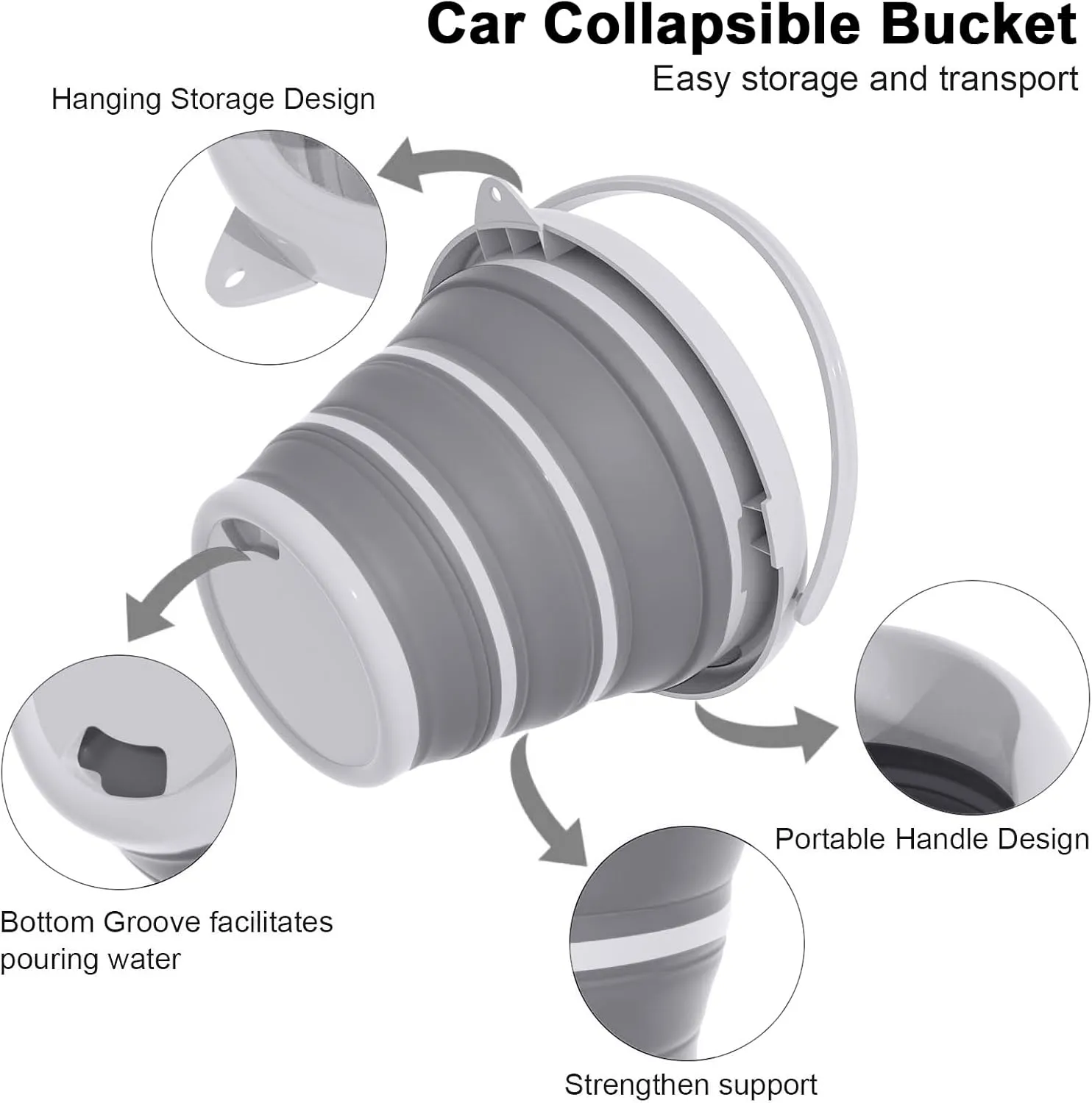 GOLDFOX Collapsible Bucket with Handle - 10L (2.6 Gallon) Portable Water Bucket for Car Wash Household Cleaning, Multiuse Folding Bucket for Outdoor Garden Camping Fishing Car Wash Space Saving- Grey