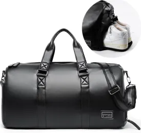 Leather Duffle Bags for Men Small Weekender Gym Bag Black Leather Duffel Bag with Shoe Compartment for Travel Sport Overnight, 20L