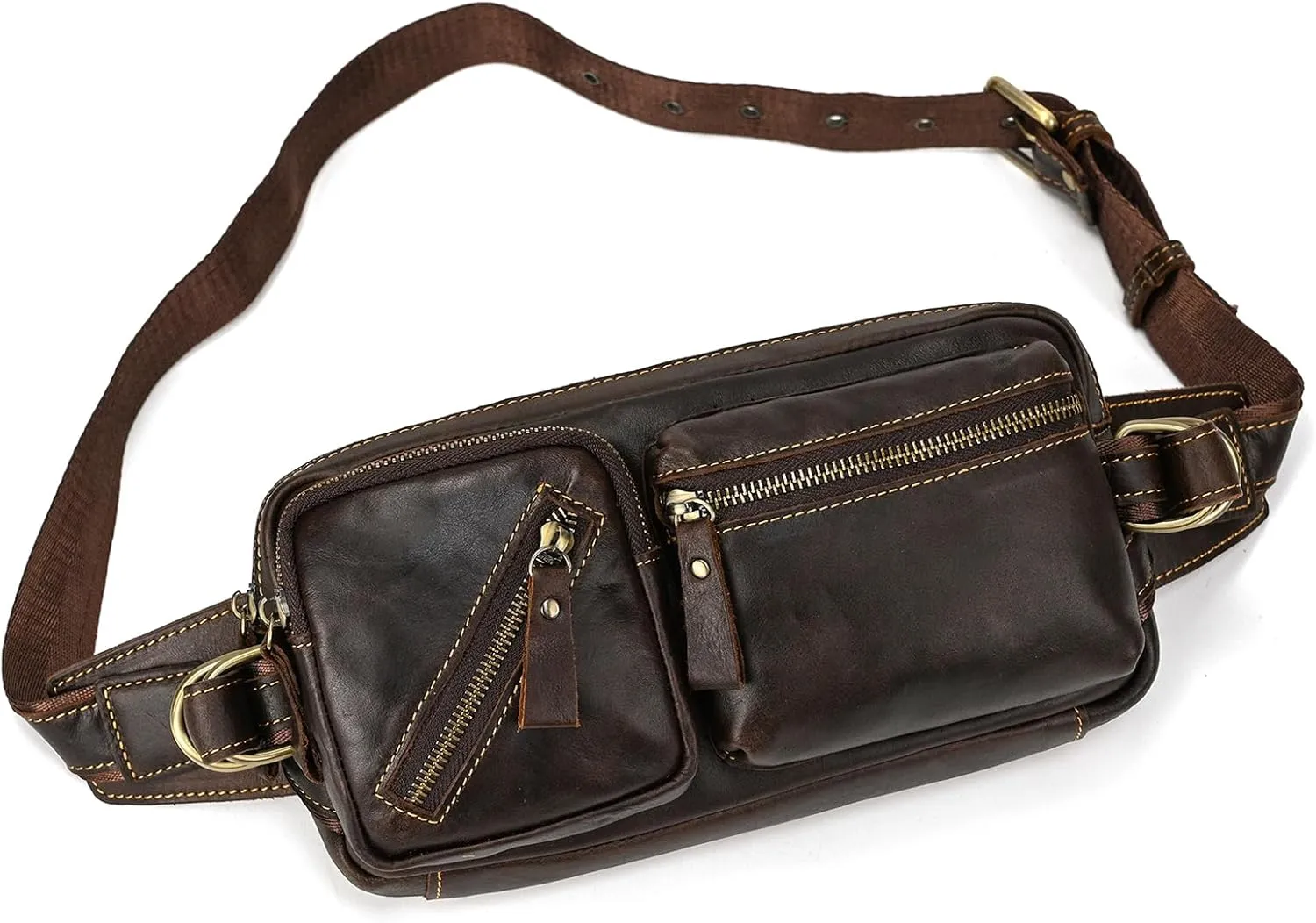 Men's Leather Fanny Pack Adjustable Waist Bag Hip Bum Belt Slim Purse Bag Cell Phone Pouch for Sport Travel Hiking, Coffee