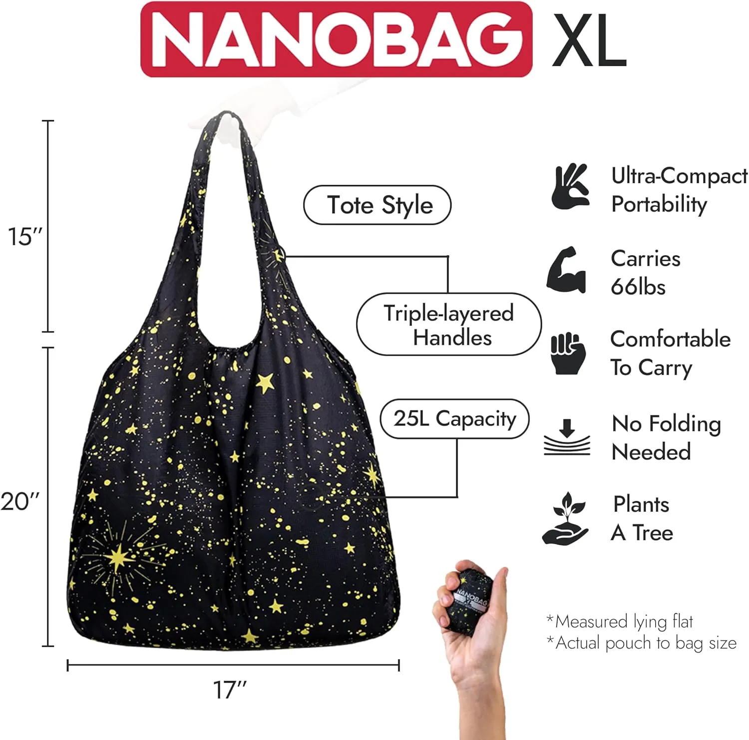 Nanobag Compact Lightweight Tote- Foldable Shoulder Bag for Groceries for everyday Use (Astro Cats, XL)