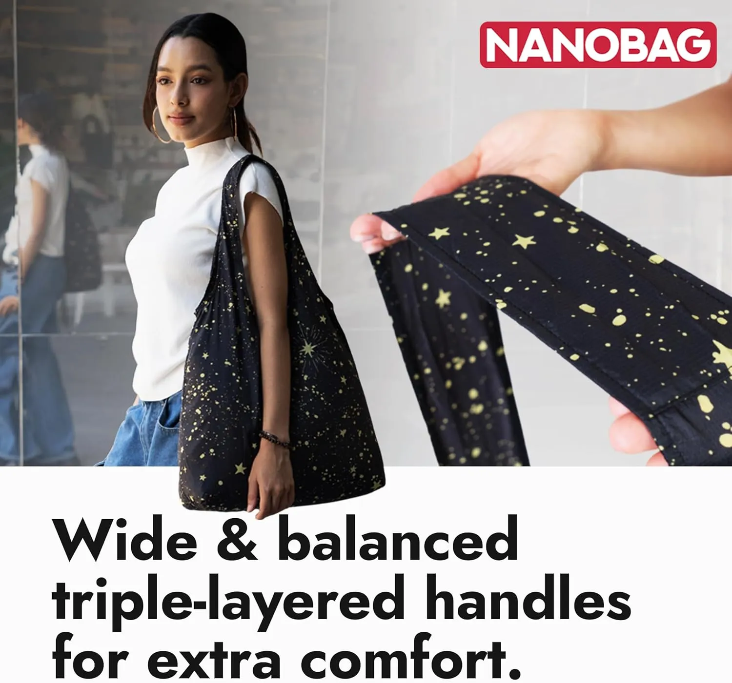 Nanobag Compact Lightweight Tote- Foldable Shoulder Bag for Groceries for everyday Use (Astro Cats, XL)