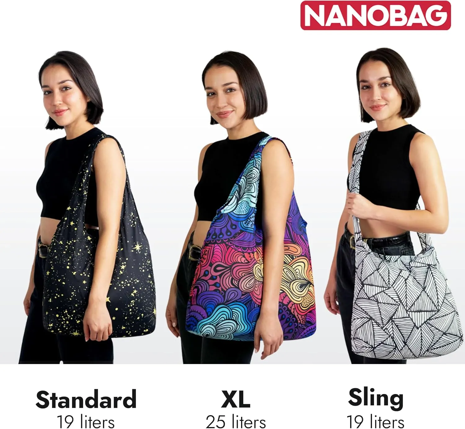 Nanobag Compact Lightweight Tote- Foldable Shoulder Bag for Groceries for everyday Use (Astro Cats, XL)