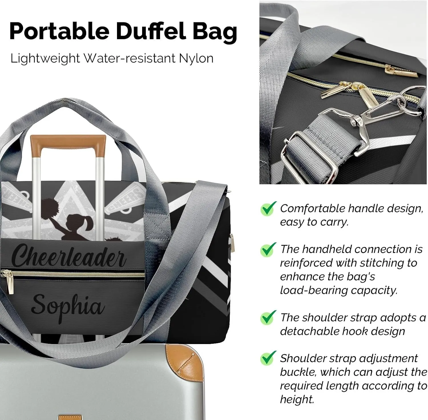 Personalized Name Duffel Bag Cheerleader Cheer Quote Grey Ultimate Travel Bags: Your Companion for Every Adventure