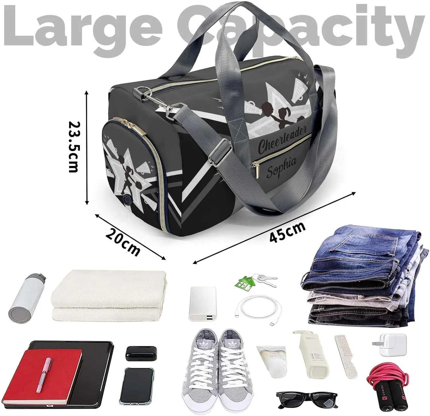 Personalized Name Duffel Bag Cheerleader Cheer Quote Grey Ultimate Travel Bags: Your Companion for Every Adventure