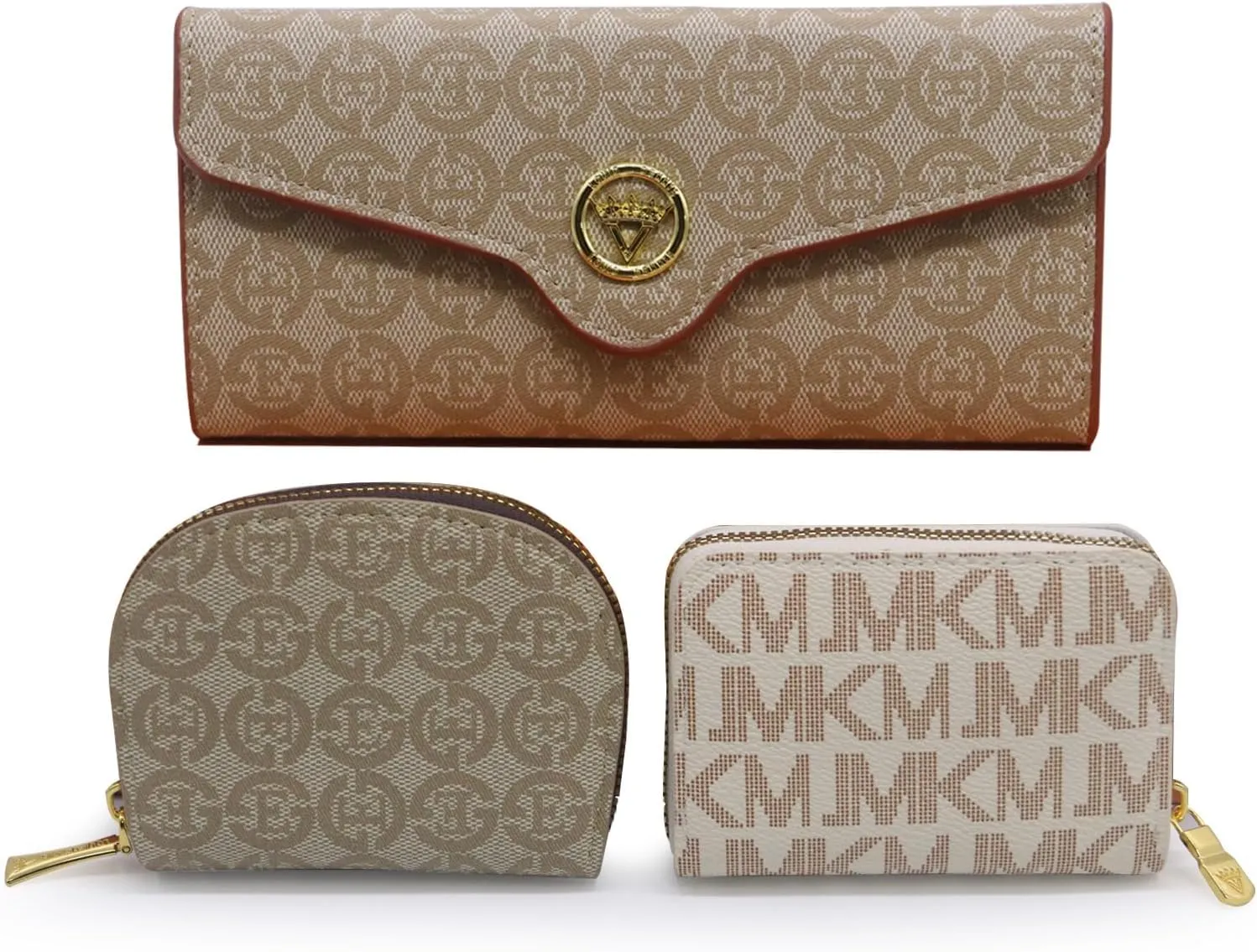 Popular Purse Set for Womens Wallet Includes A Triple Fold Purse and Two Small Card Bag with Multiple Slots (light khaki)