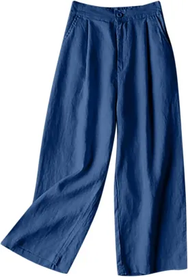 PTOLOCIF Petite Linen Pants for Women Summer Baggy Boho Casual Palazzo Pants Wide Leg Long Lounge Trousers with Pockets