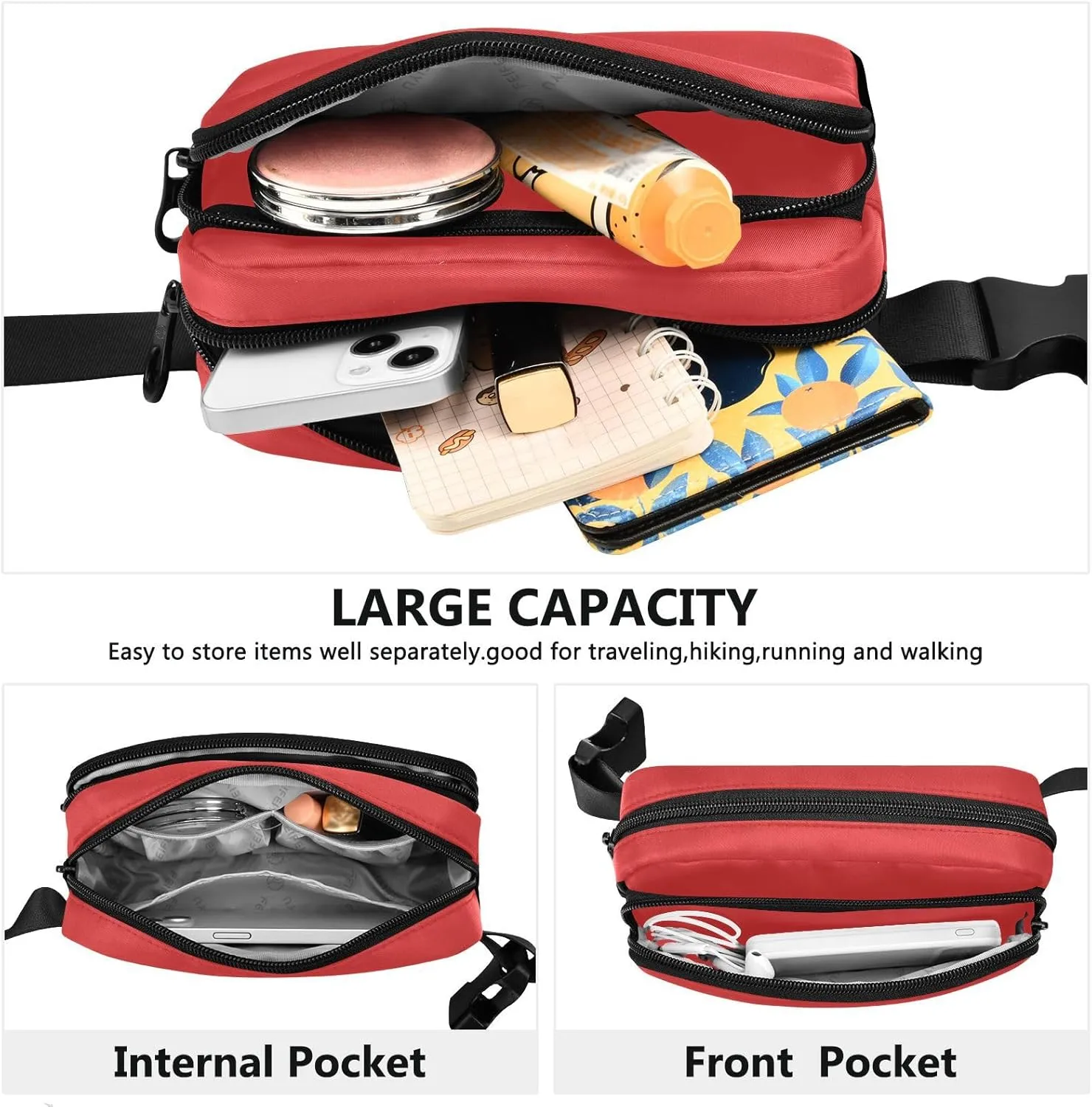 Red Fanny Packs for Women Belt Bag Waterproof Fanny Pack Cross Body Bum Bag Fashion Waist Packs Small Crossbody Bags for Traveling Running Sports Hiking Men