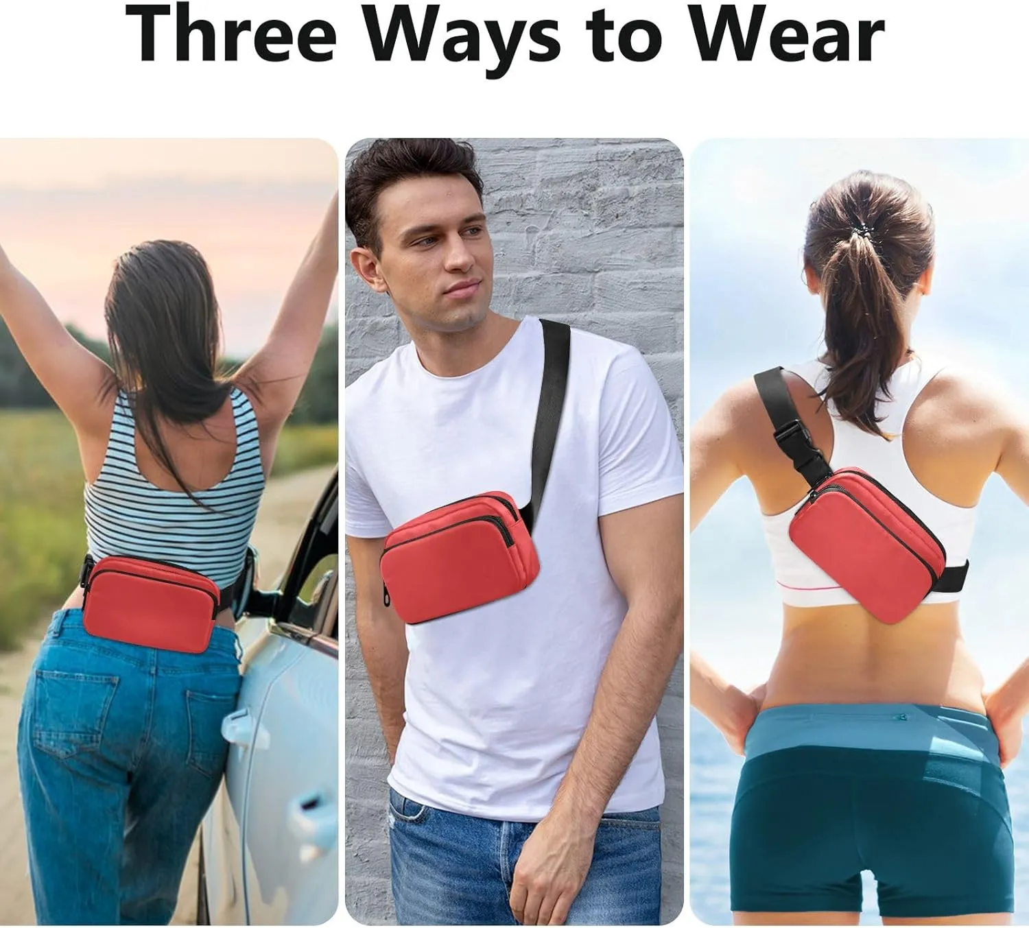 Red Fanny Packs for Women Belt Bag Waterproof Fanny Pack Cross Body Bum Bag Fashion Waist Packs Small Crossbody Bags for Traveling Running Sports Hiking Men