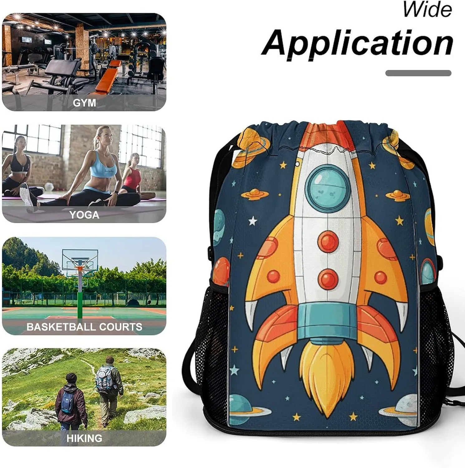 Sports Drawstring Backpack Lightweight Small Gym Bag Rocket Clipart Space Ship Gym Sackpack for Women Men