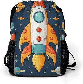Sports Drawstring Backpack Lightweight Small Gym Bag Rocket Clipart Space Ship Gym Sackpack for Women Men