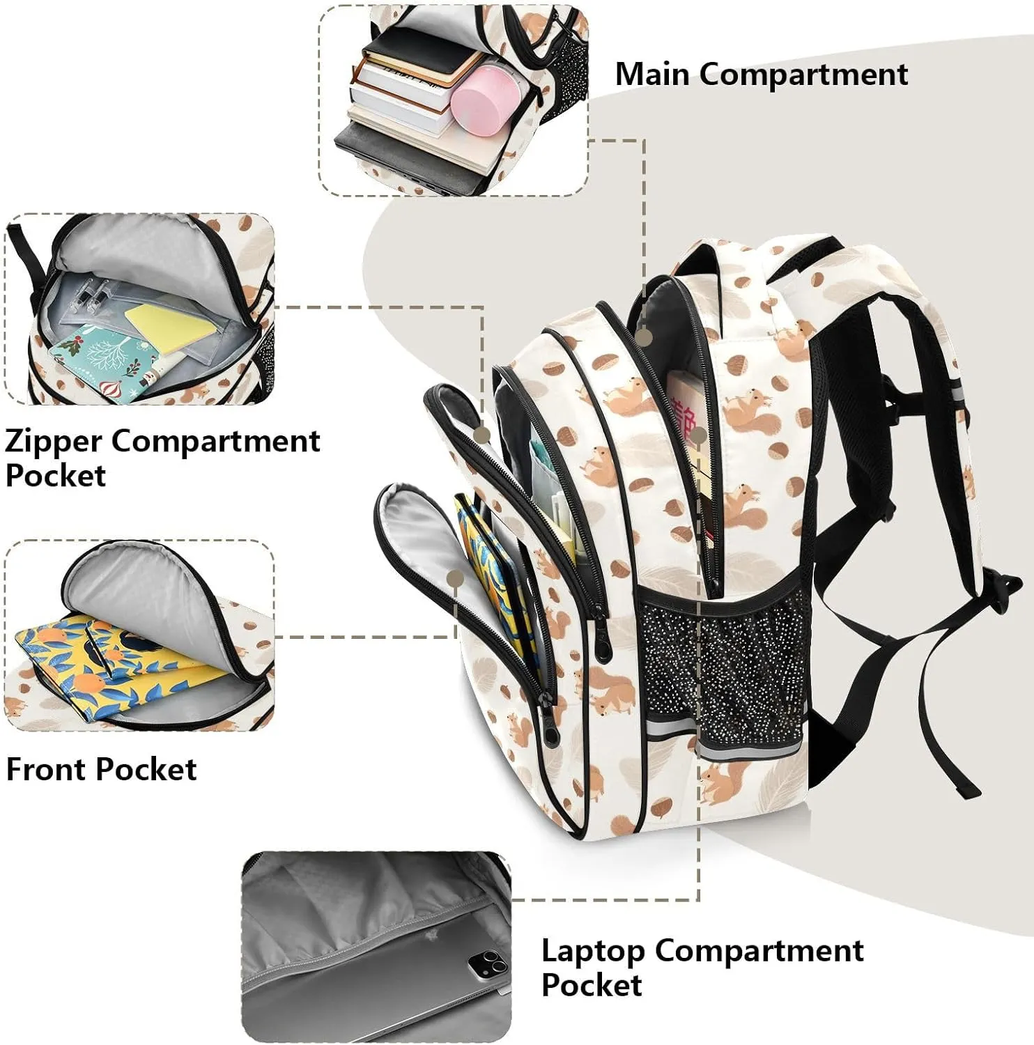 Squirrel Chestnut Feather Backpack for Kids 8-14 Years Boys Girls School Bookbag Daypack M 2300658