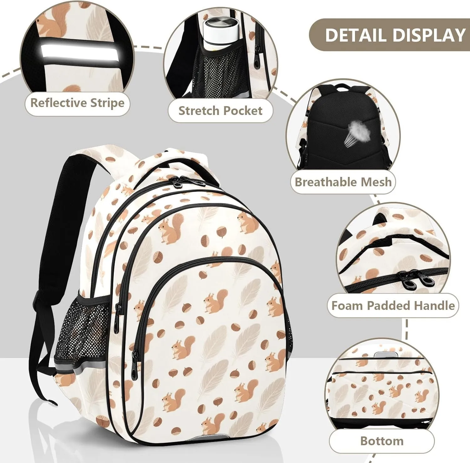 Squirrel Chestnut Feather Backpack for Kids 8-14 Years Boys Girls School Bookbag Daypack M 2300658