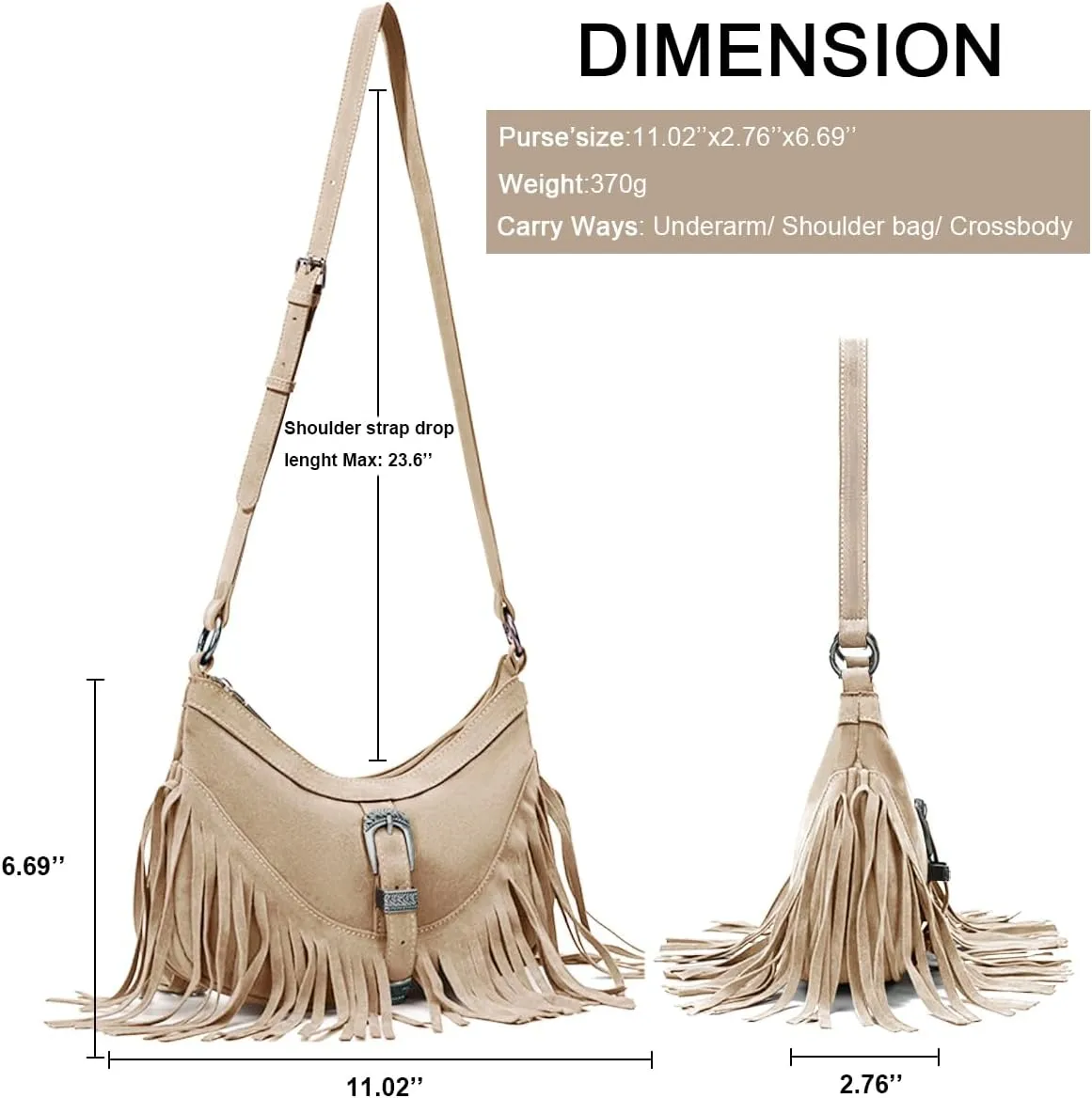 Sunwel Fashion Women Western Small Fringe Underarm Purse Shoulder Bag Vegan Suede Hippie Crossbody Bag with Tassel