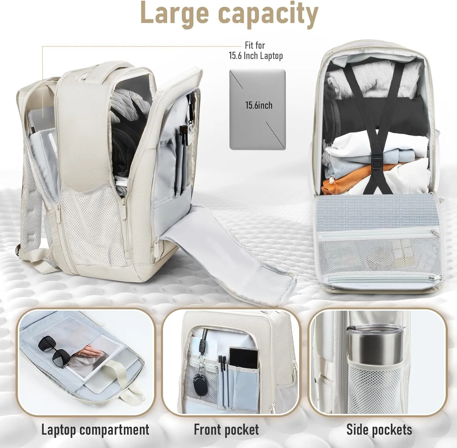 Travel Backpack, Business Anti Theft Slim Sturdy Laptops Backpack with USB Charging Port, Water Resistant College School Laptop Bag for Men & Women Fits 15.6 Inch Notebook (Beige)