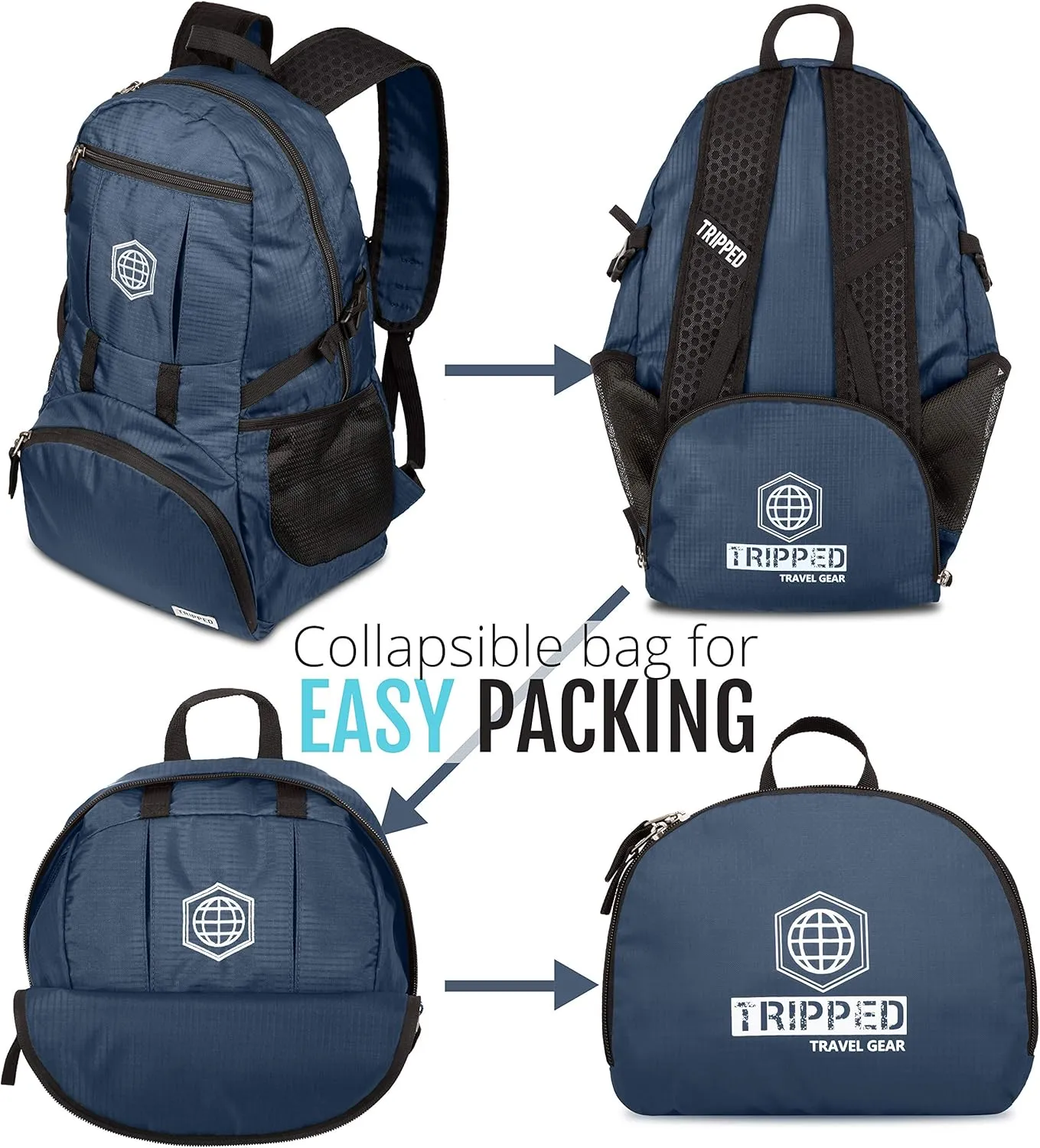 TRIPPED Travel Gear Traveling Backpack- Foldable collapsible lightweight backpack for travel (Blue) 35 liters