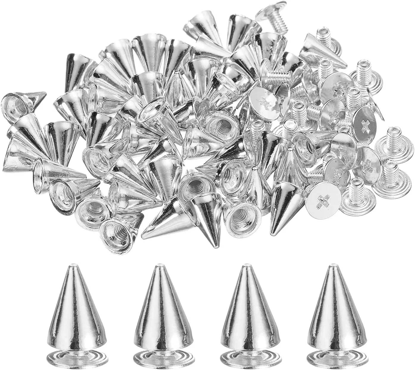 uxcell 50 Sets Spikes and Studs, 7 x 9mm Cone Spikes Screw Back Studs Rivets, Cone Punk Spikes Rivet for Clothing Belts Bags DIY Leather Crafts, Silver