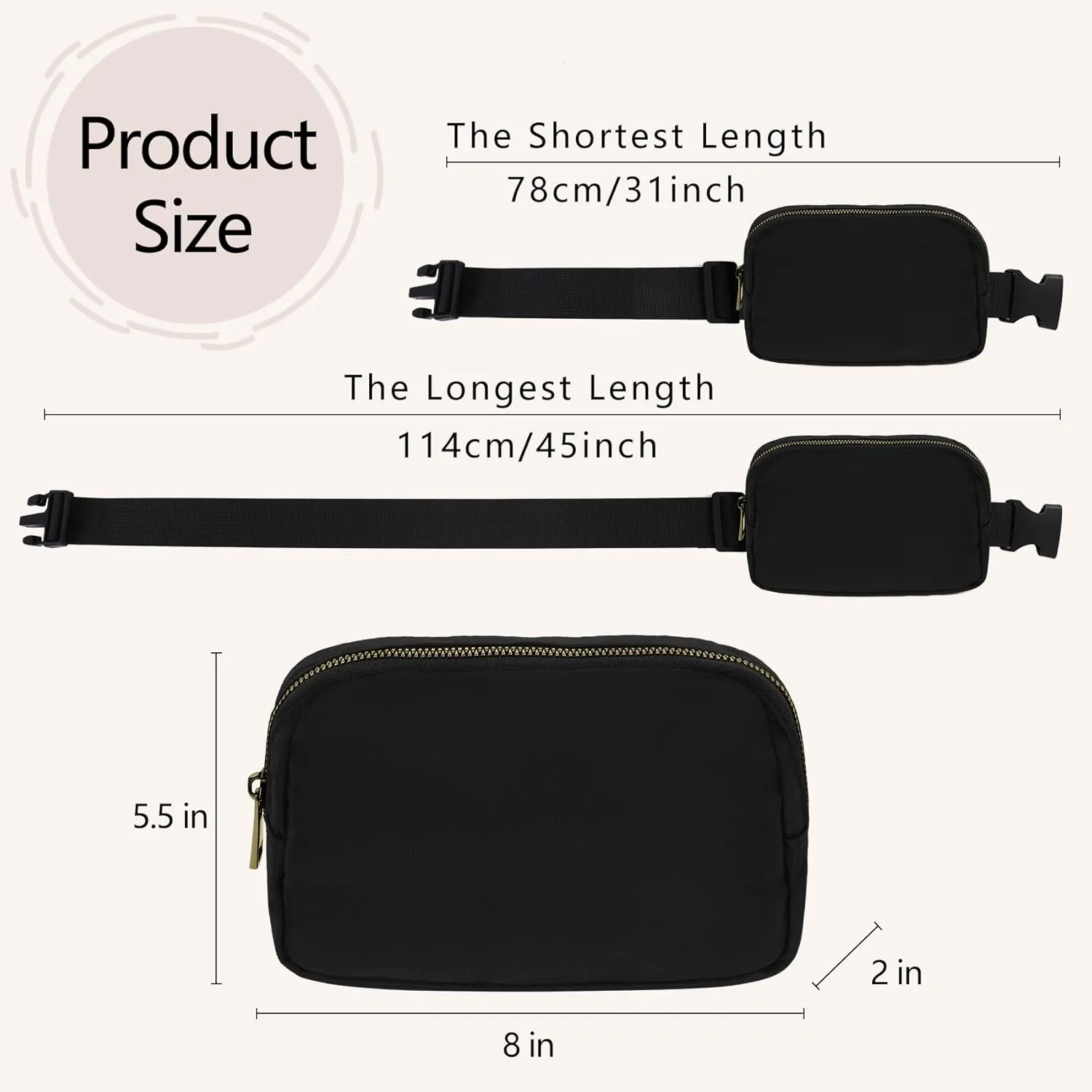 Waist Belt Bag Fashion Fanny Women and Men Gift Waist Pack With Adjustable Strap For Travel Running Hiking Walking Black Beige