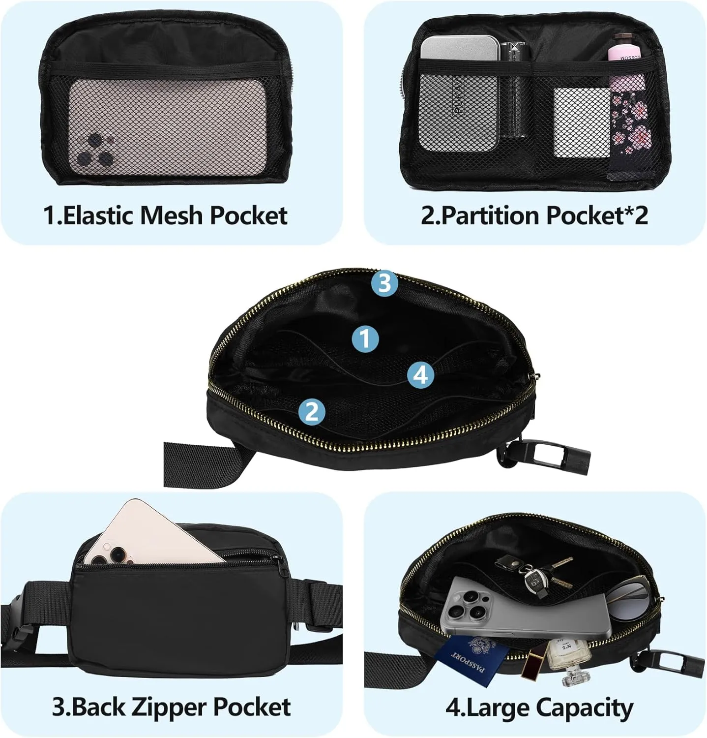 Waist Belt Bag Fashion Fanny Women and Men Gift Waist Pack With Adjustable Strap For Travel Running Hiking Walking Black Beige