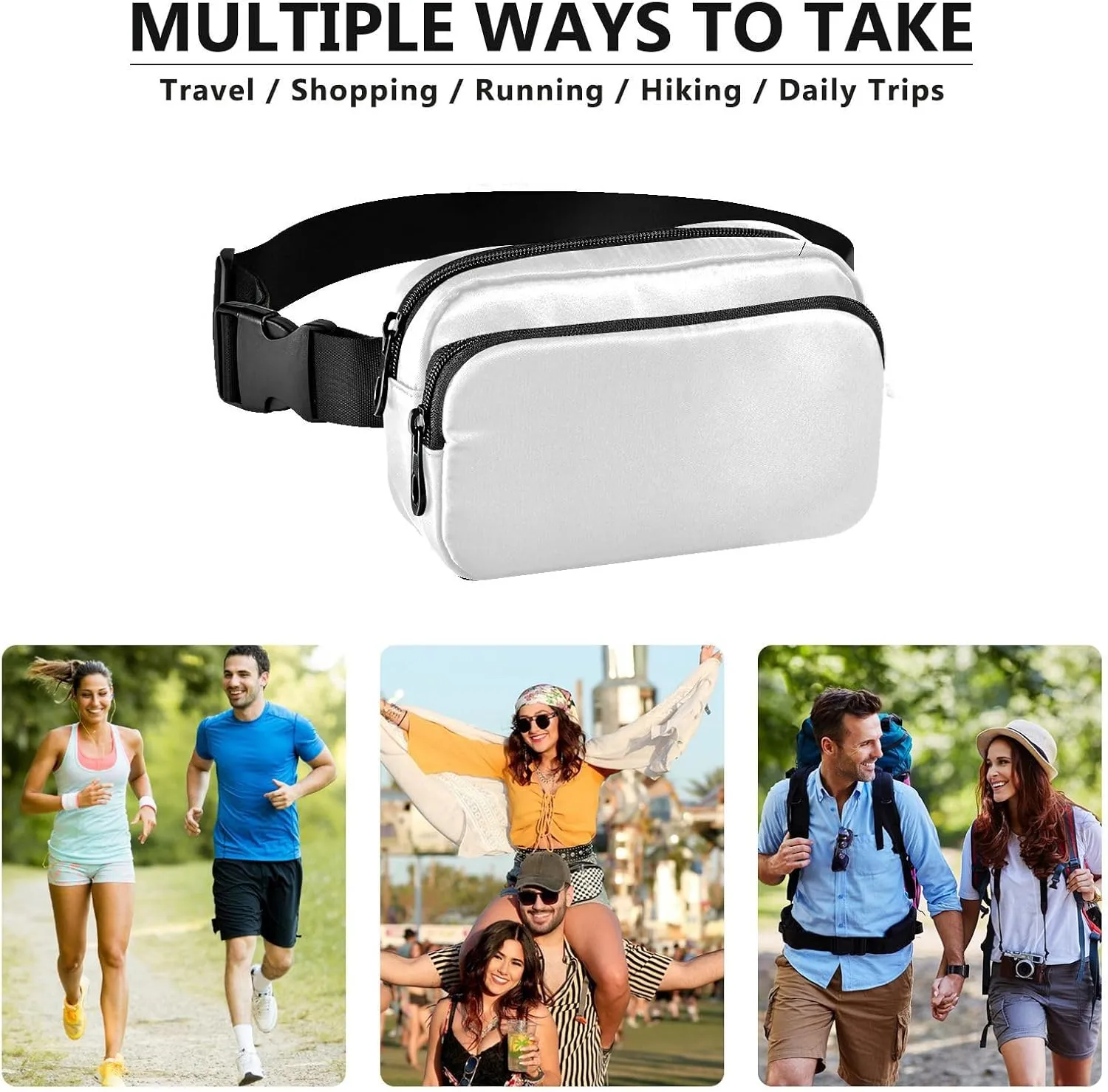 White Fanny Packs for Women Belt Bag Cross Body Bum Bag Waterproof Fanny Pack Fashion Waist Packs Small Crossbody Sling Bag for Traveling Running Sports Hiking Men