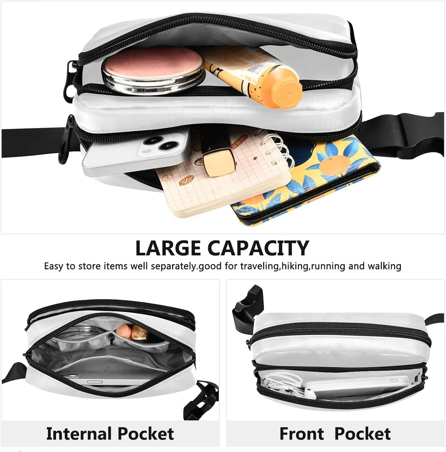 White Fanny Packs for Women Belt Bag Cross Body Bum Bag Waterproof Fanny Pack Fashion Waist Packs Small Crossbody Sling Bag for Traveling Running Sports Hiking Men