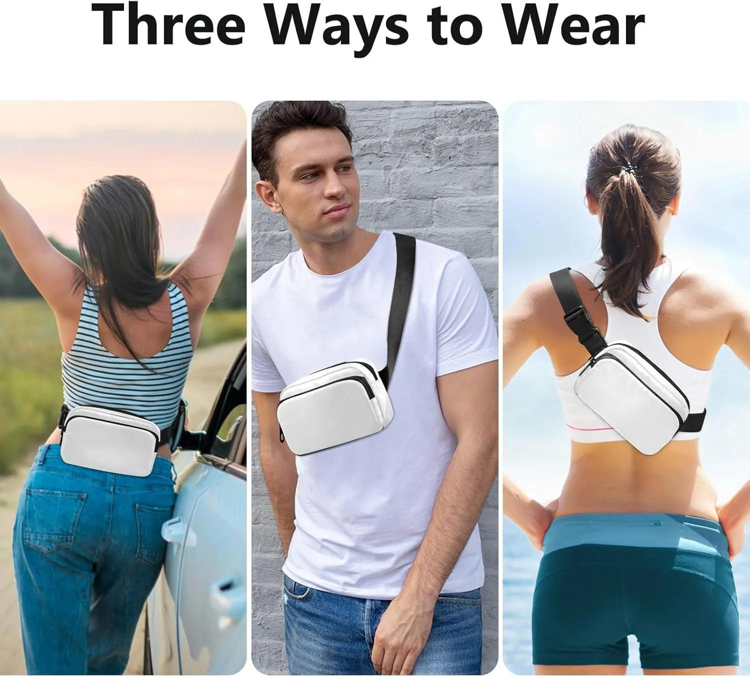 White Fanny Packs for Women Belt Bag Cross Body Bum Bag Waterproof Fanny Pack Fashion Waist Packs Small Crossbody Sling Bag for Traveling Running Sports Hiking Men