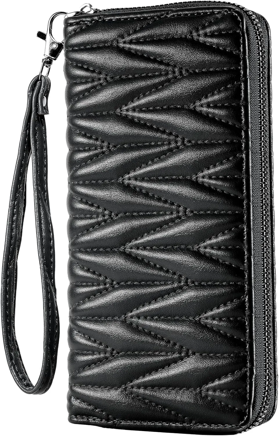 Women's Vegan Leather Wristlet Wallet with Phone Pocket - 8 Card Slots, Slim Design & Gift Box - Trendy Diffractive Diamond Pattern (Multiple Colors)(Black)